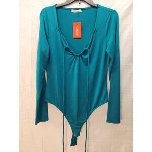 Intempo Thong Bodysuit Blue Womens Size Large One Piece Snap Long Sleeve 1095